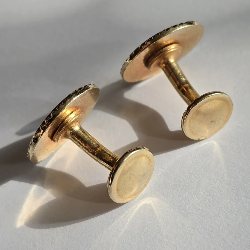 Vintage cuff links yellow brown enamel gold tone round circle formal